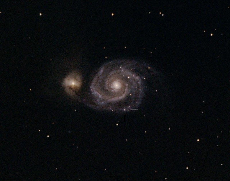 Szupernova az M51-ben
2011. június 4. (UT):22:07-23:27, Tata, Canon EOS 400D, 200/1000 Newton távcső, primer fókusz, ISO 800, exp: 14 x 5 min
(Somogyi Péter)